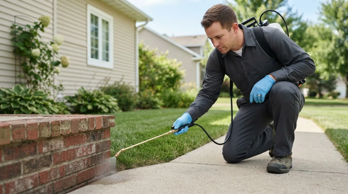 Pest control technician treating a home near Lime Springs, IA